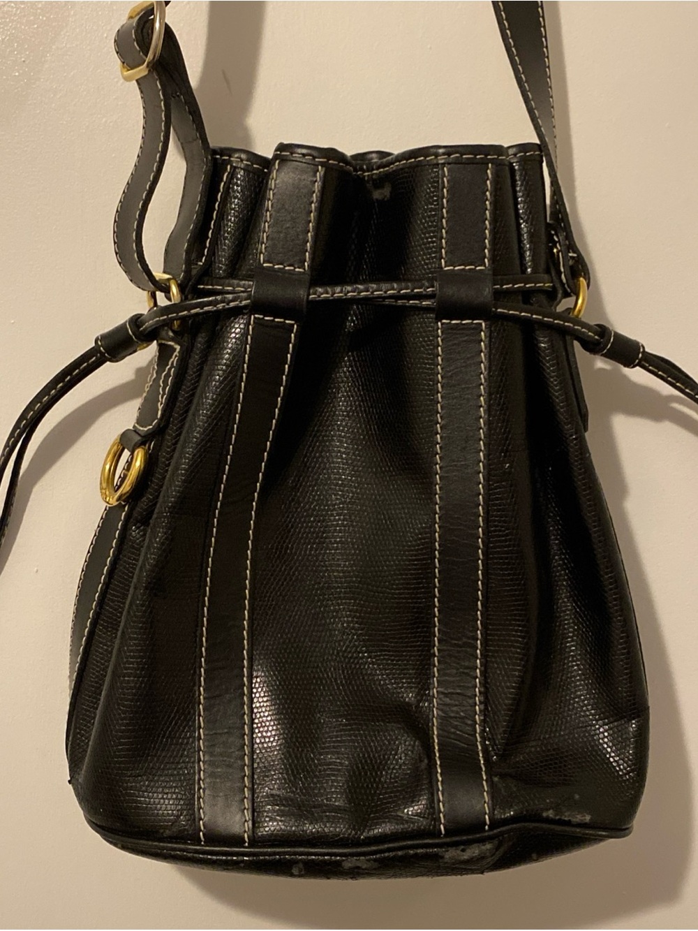 Lancel Paris Black Leather Drawstring Crossbody Bucket Bag Adjustable Strap